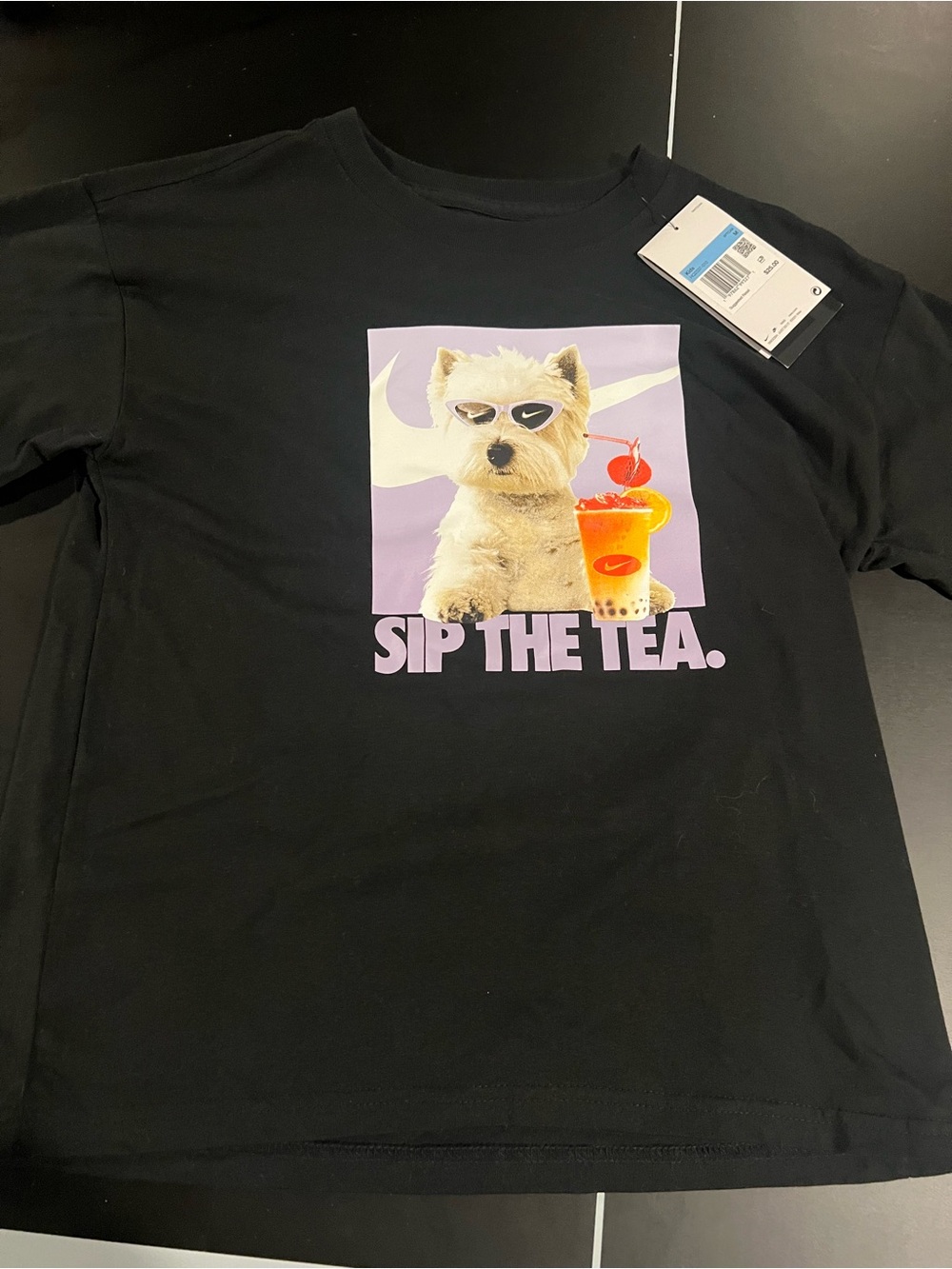 Nike Black Tee with Dog Graphic and 'Sip The Tea' Print